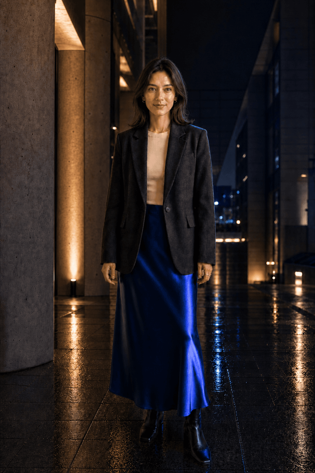 The same fashion portrait transformed into a night architectural scene
