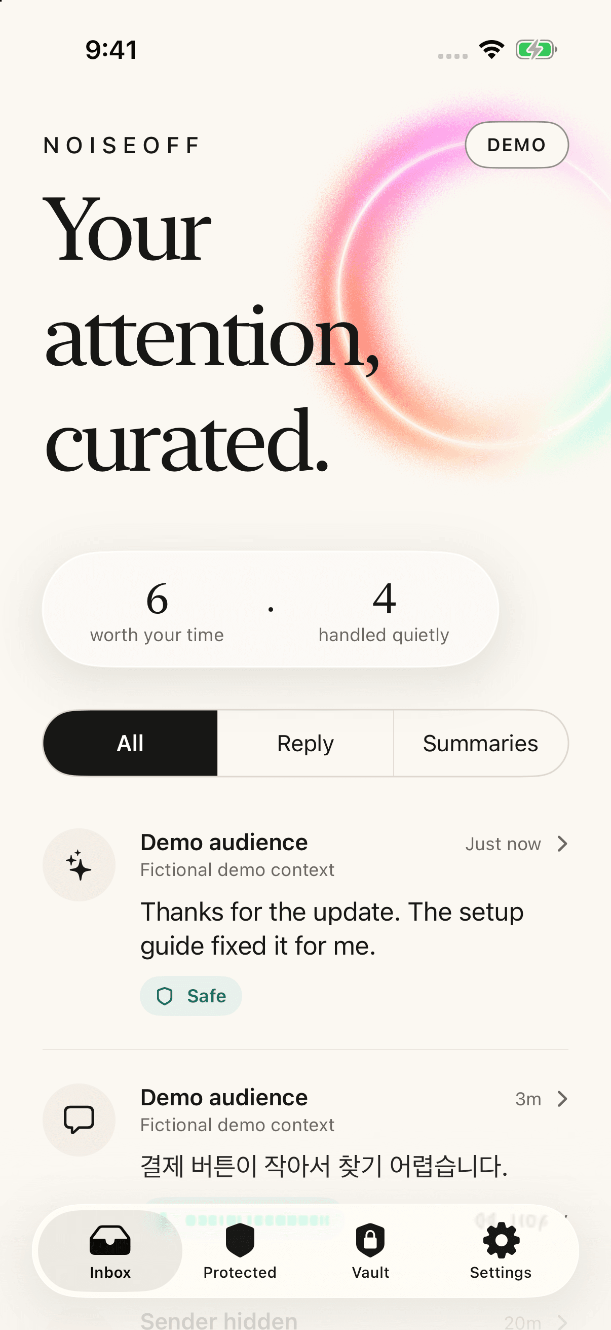 NoiseOff inbox showing useful replies and quietly handled content