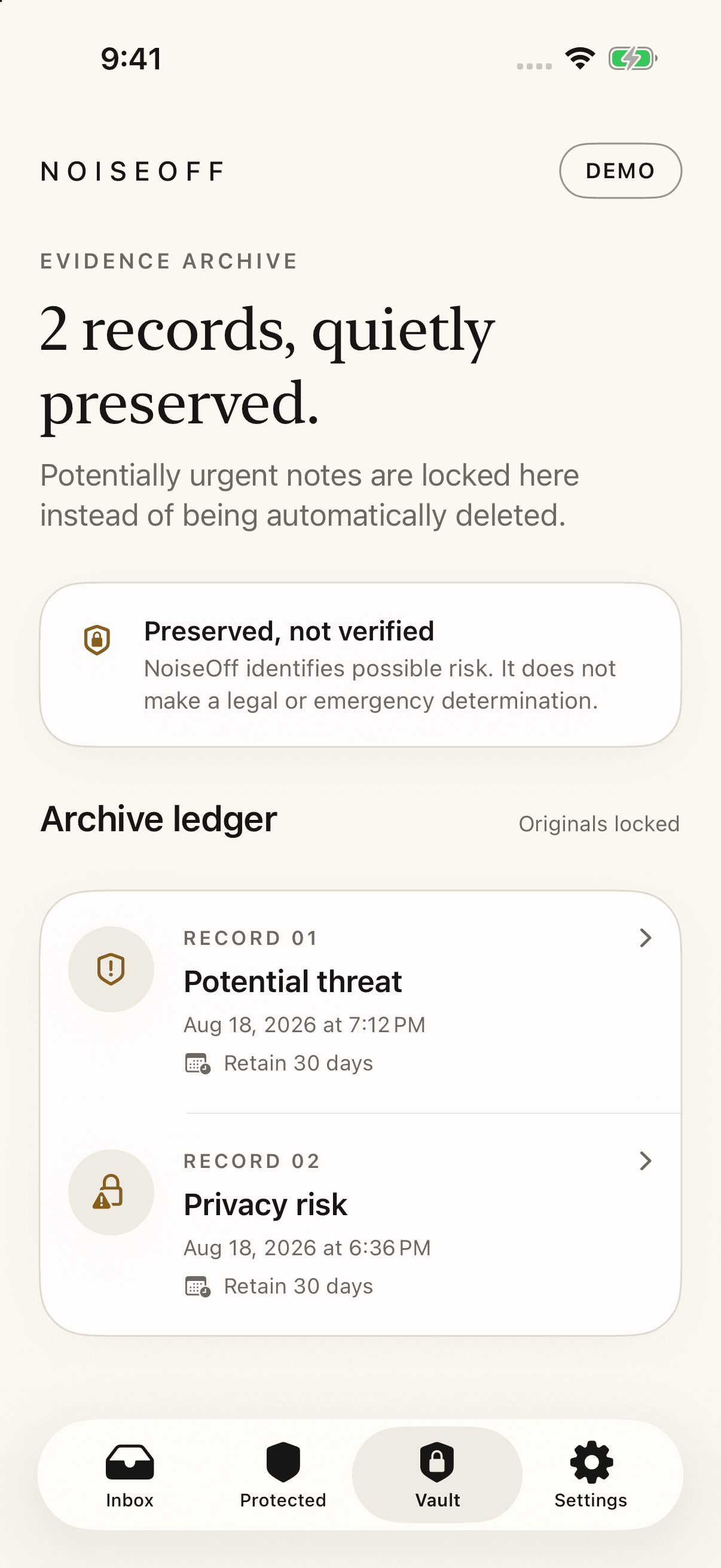 NoiseOff evidence vault for higher-risk records