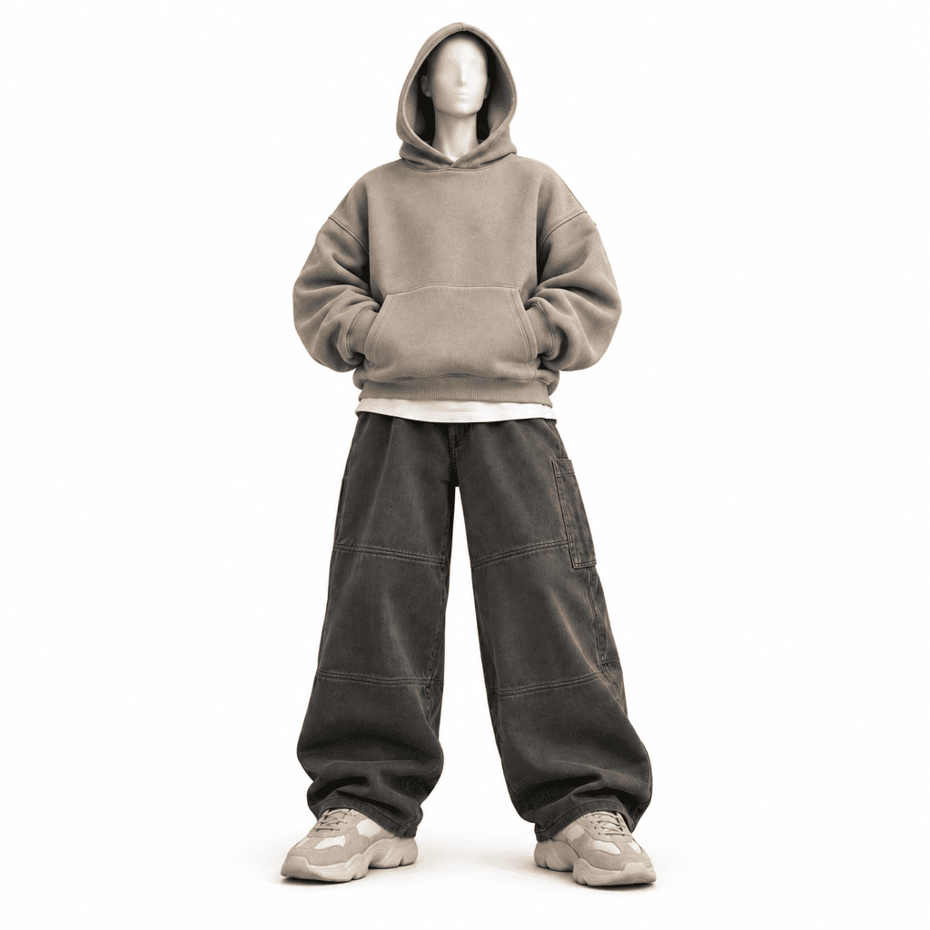 Wearmori app icon: a mannequin wearing an oversized taupe hoodie, charcoal wide-leg trousers, and ivory sneakers against a white background