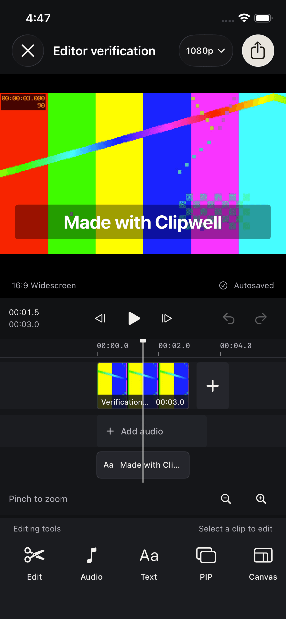 Clipwell development build with video preview, timeline, and editing controls