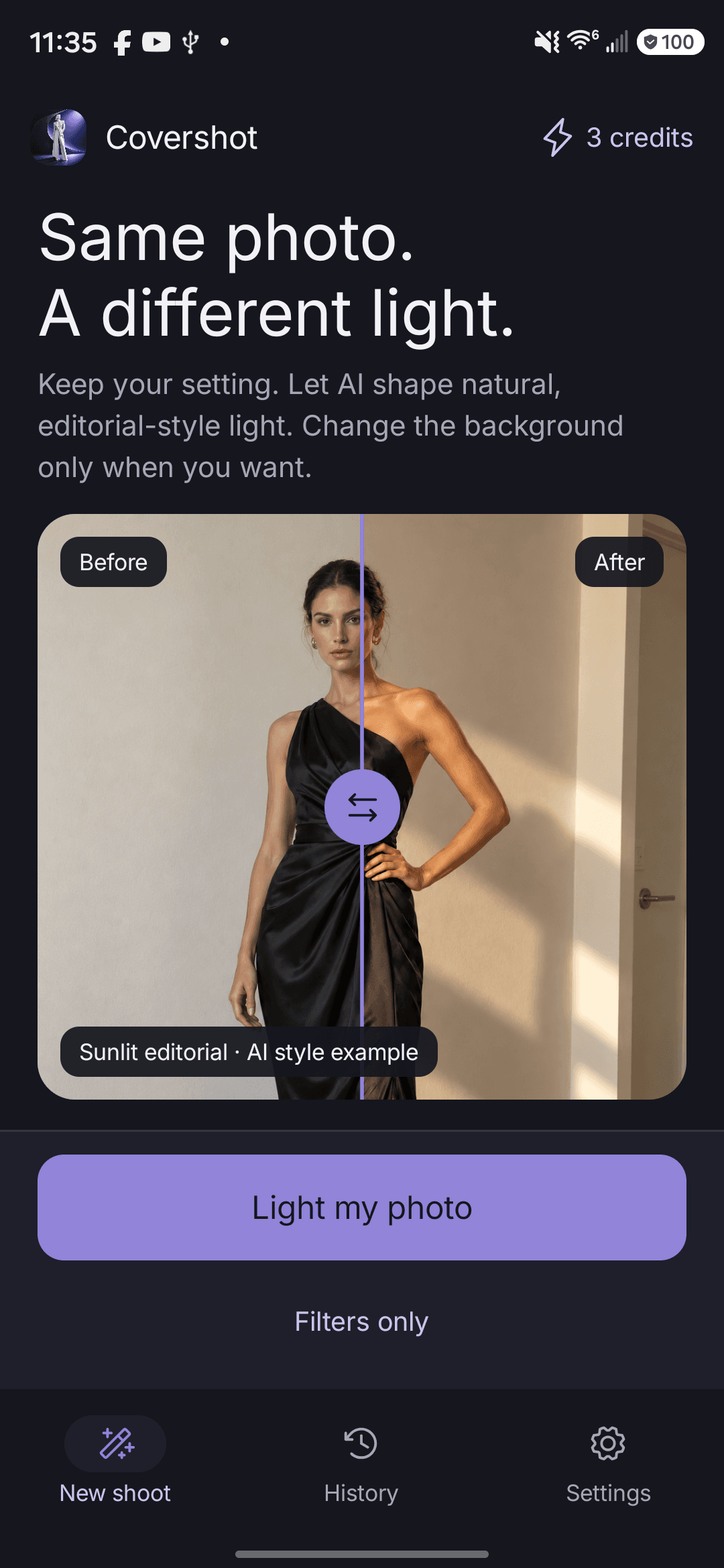 Actual Covershot Android home screen with the Sunlit before-and-after example