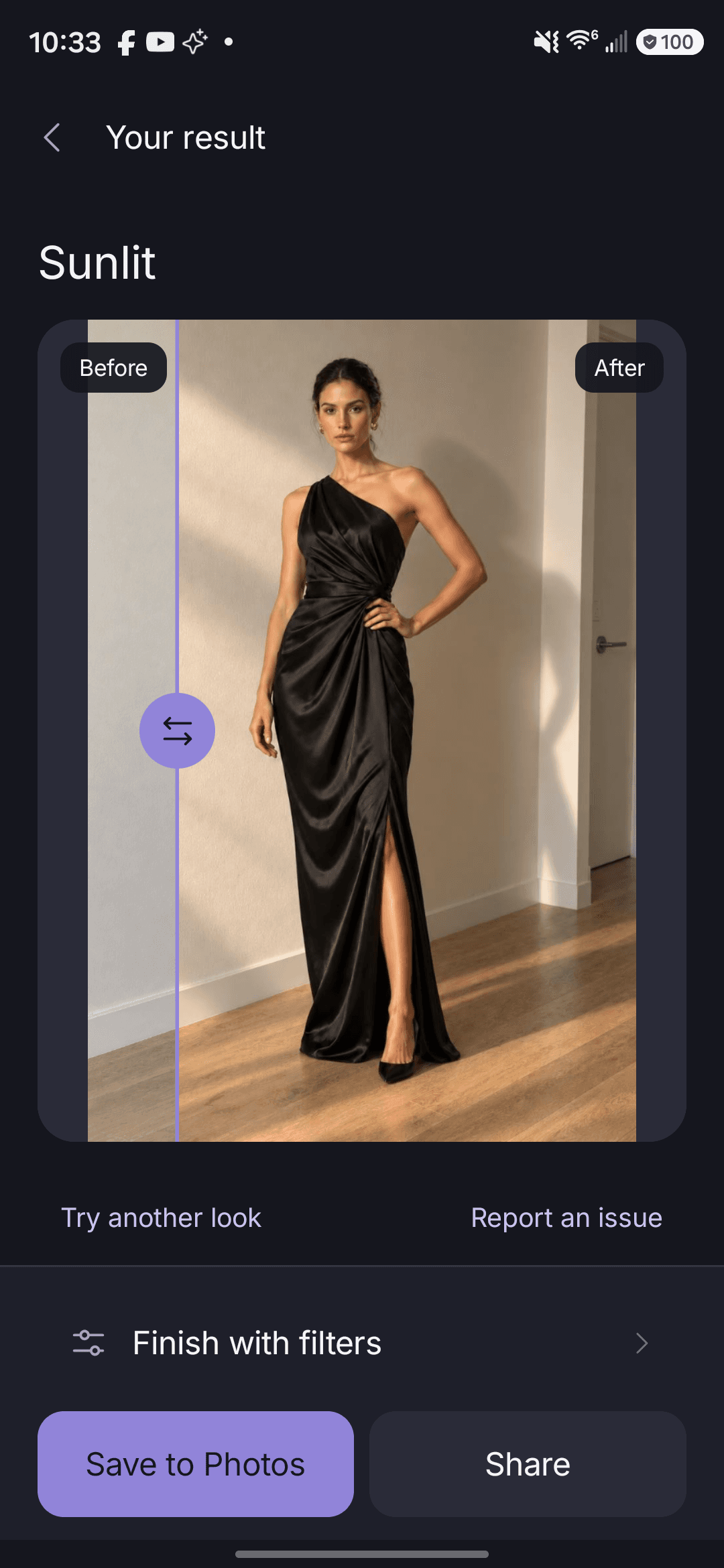 Actual Covershot Android result screen with comparison, filters, save and share