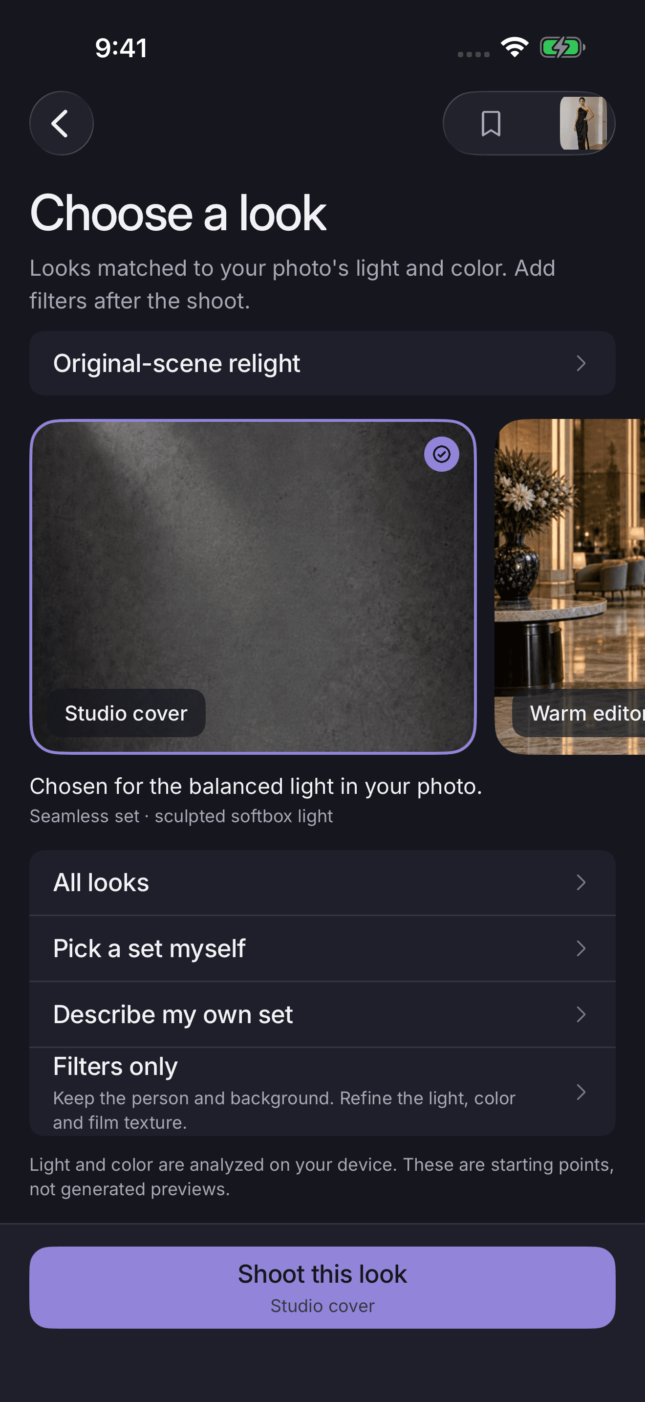 Covershot background picker with prepared sets and color studios