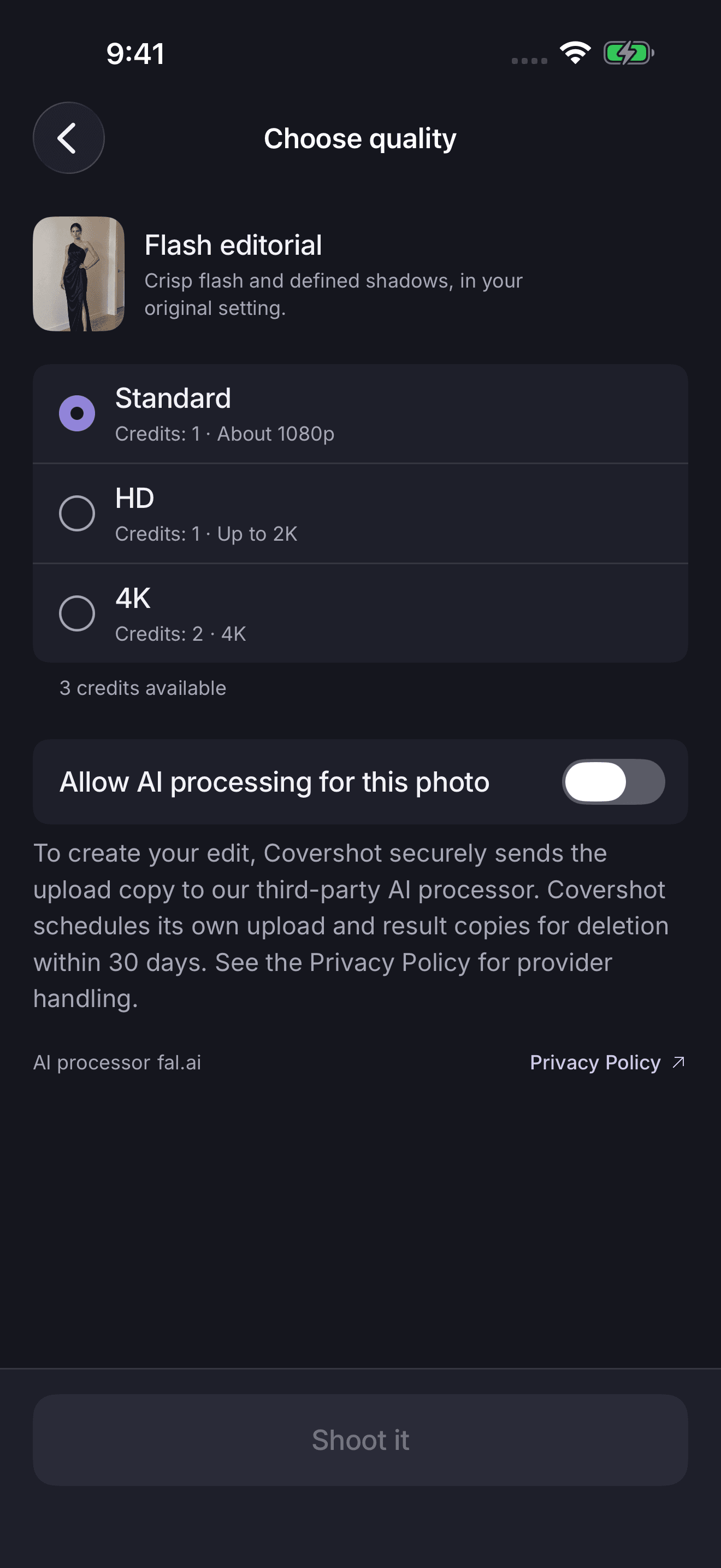 Covershot quality picker with Standard, HD, and 4K options