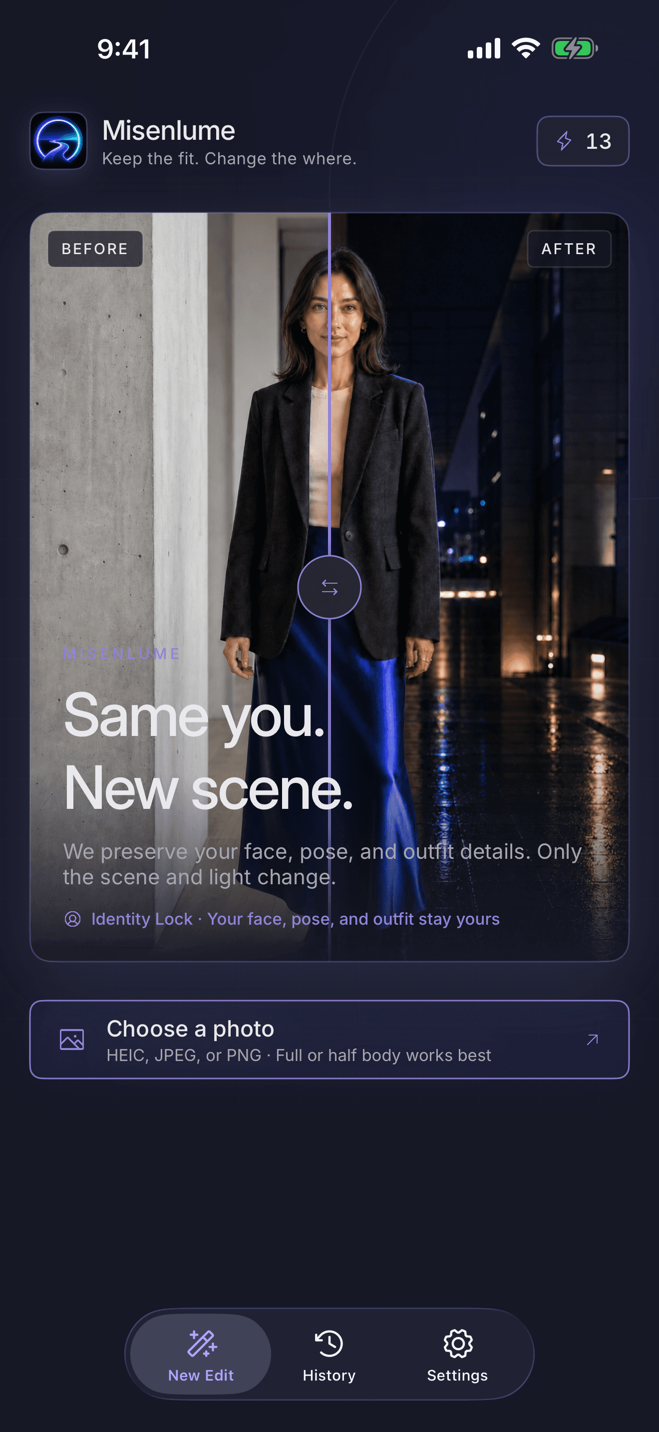 Misenlume home screen with a before and after fashion scene