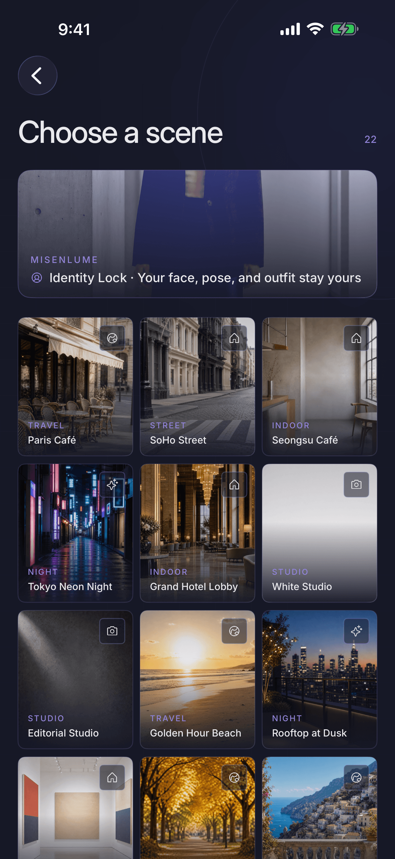 Misenlume scene picker with curated locations and lighting