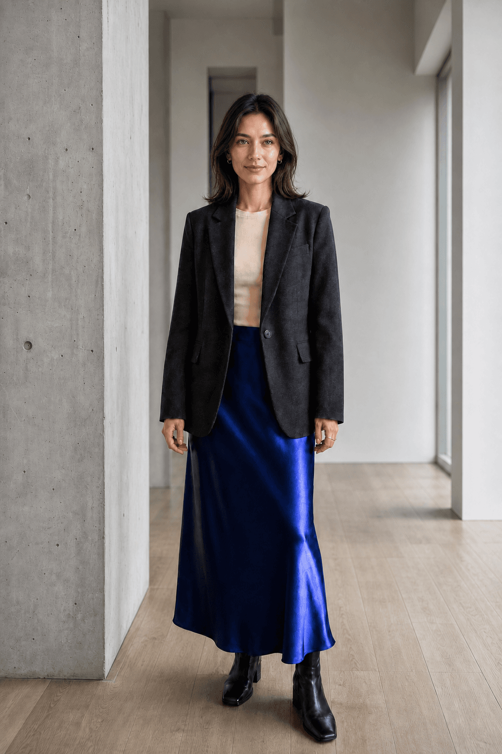 Original fashion portrait in a neutral architectural setting