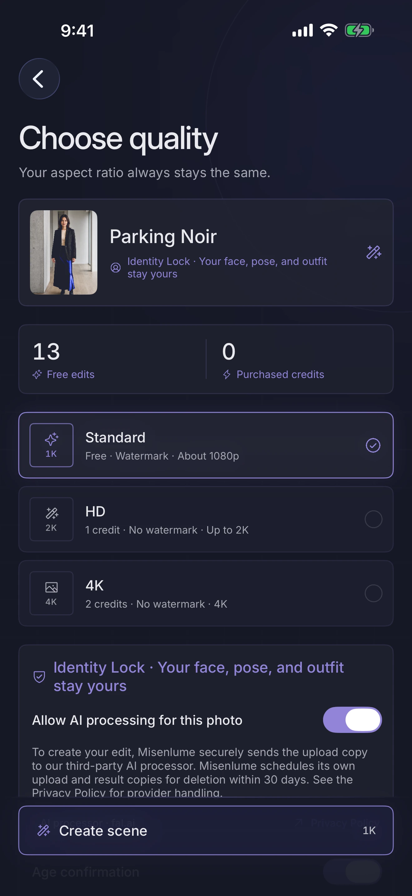 Misenlume quality picker with Standard, HD, and 4K options