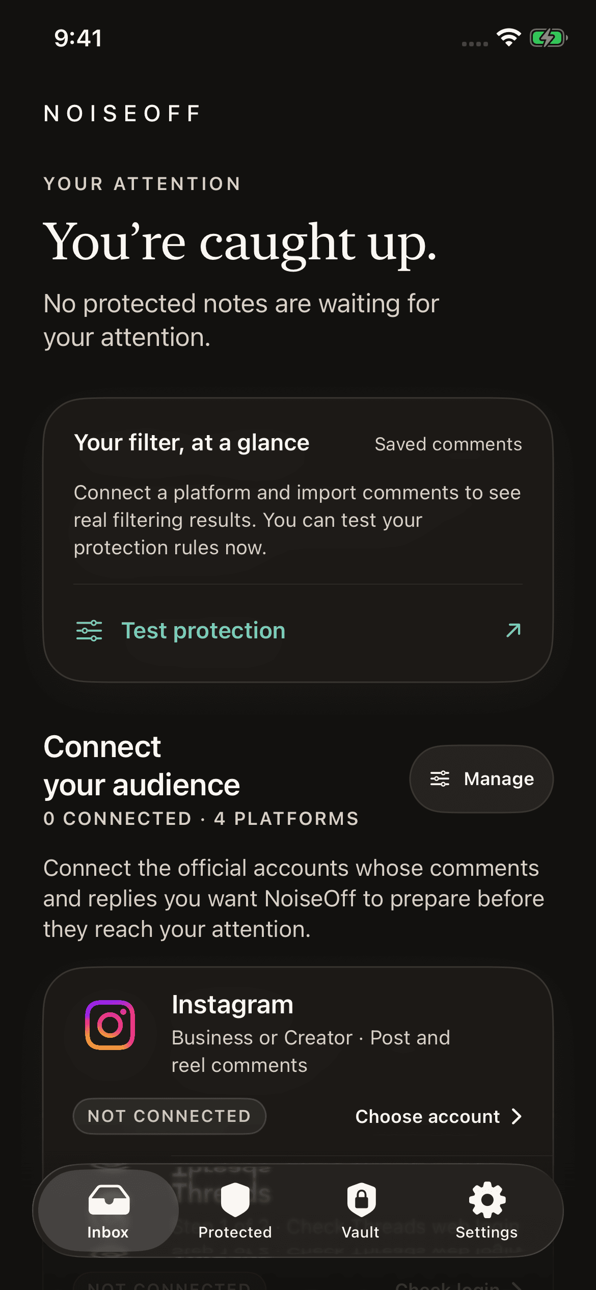 NoiseOff inbox in English with the filtering status card and official channel connection options