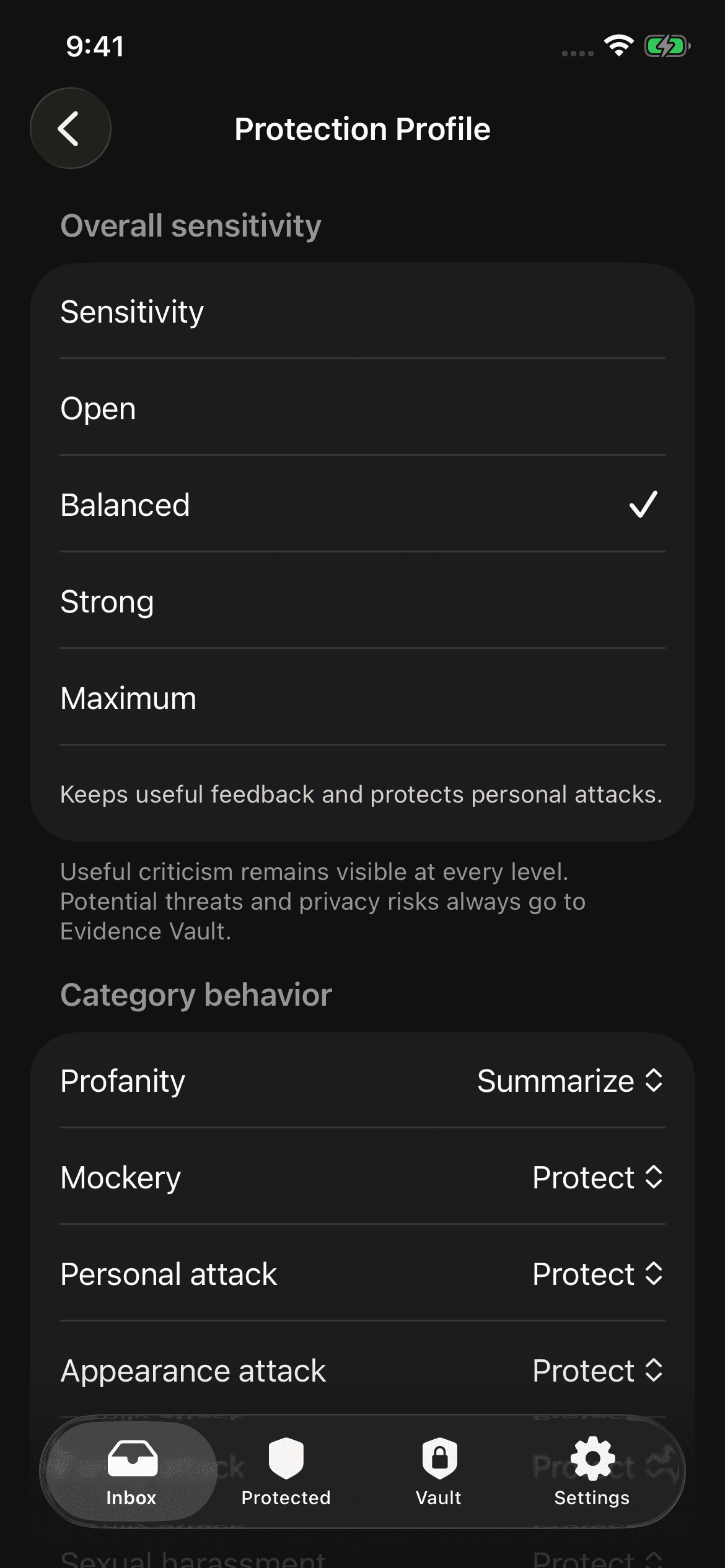 NoiseOff Protection Profile in English with adjustable comment-filtering preferences