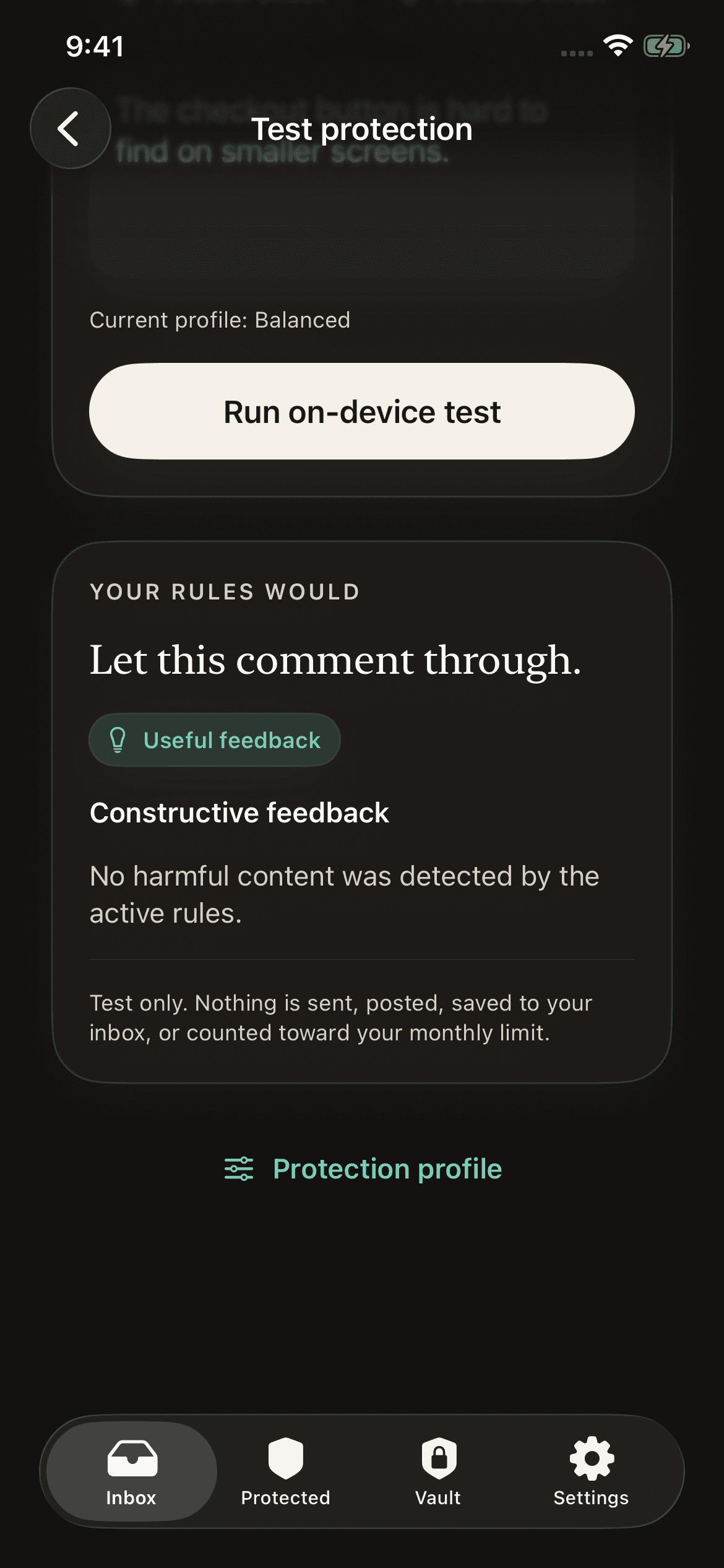 NoiseOff Test protection screen in English showing an explicitly labeled on-device sample test