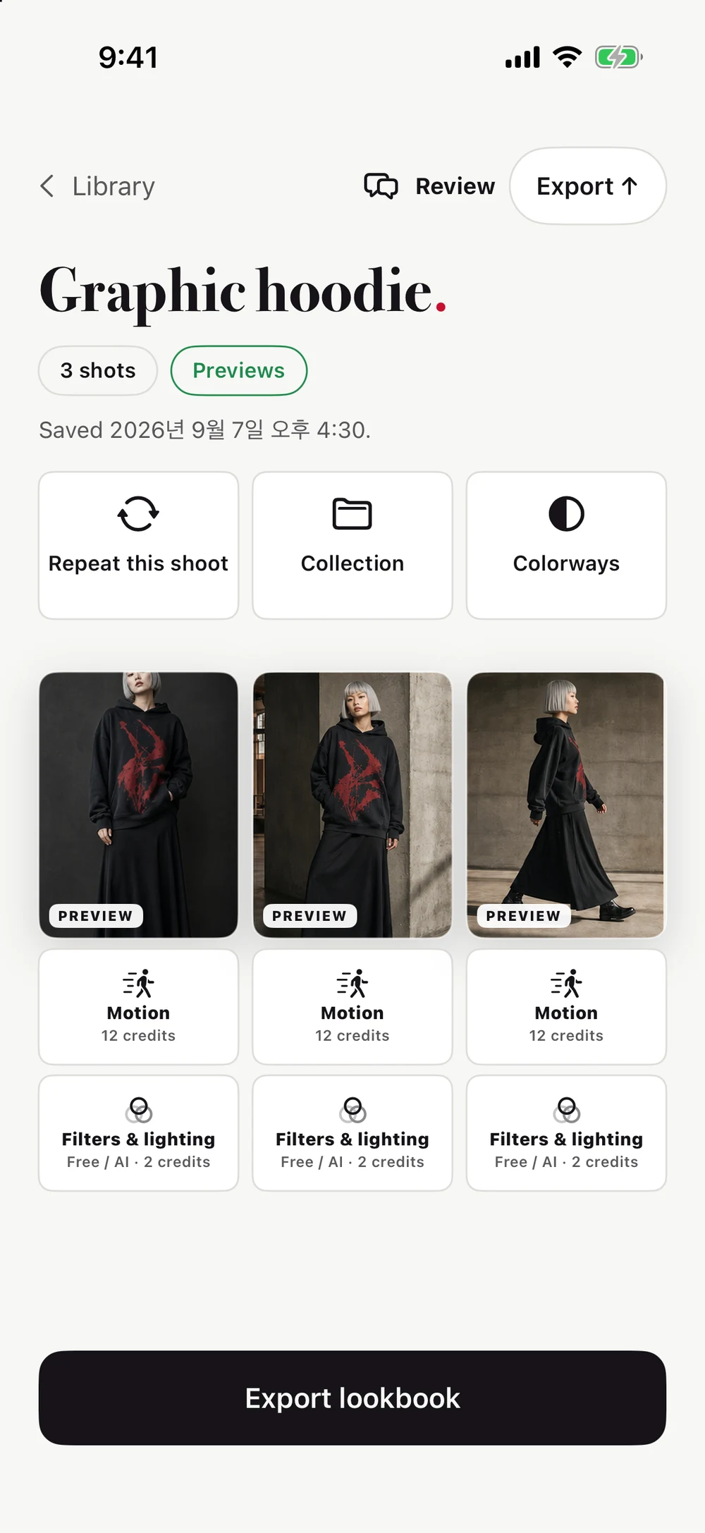 ONMODEL lookbook with three generated fashion shots, Repeat this shoot, Collection and Colorways