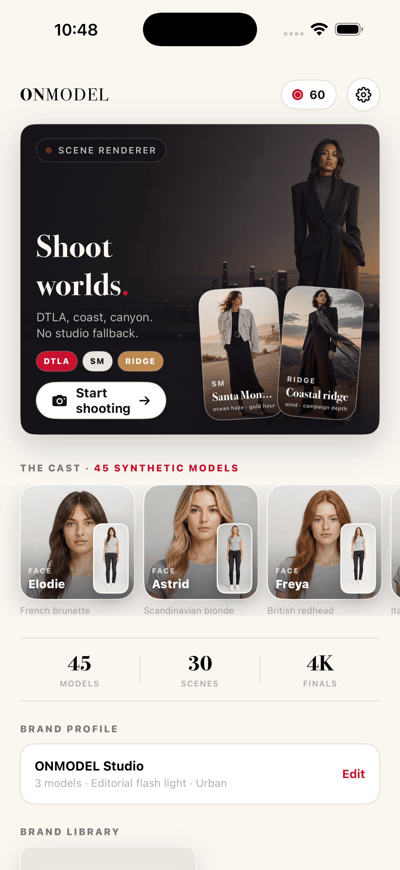 ONMODEL home screen showing scene renderer, model casting, brand profile, and brand library
