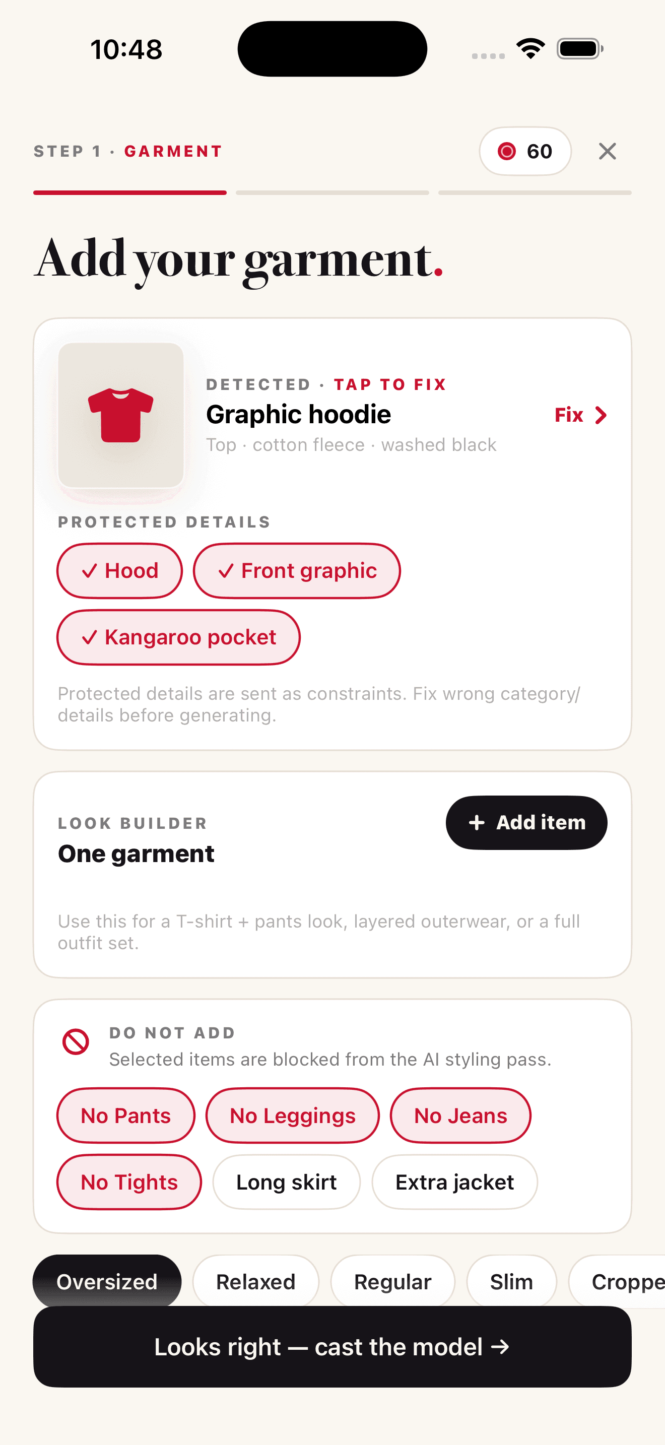 ONMODEL garment analysis screen with look builder and clothing controls