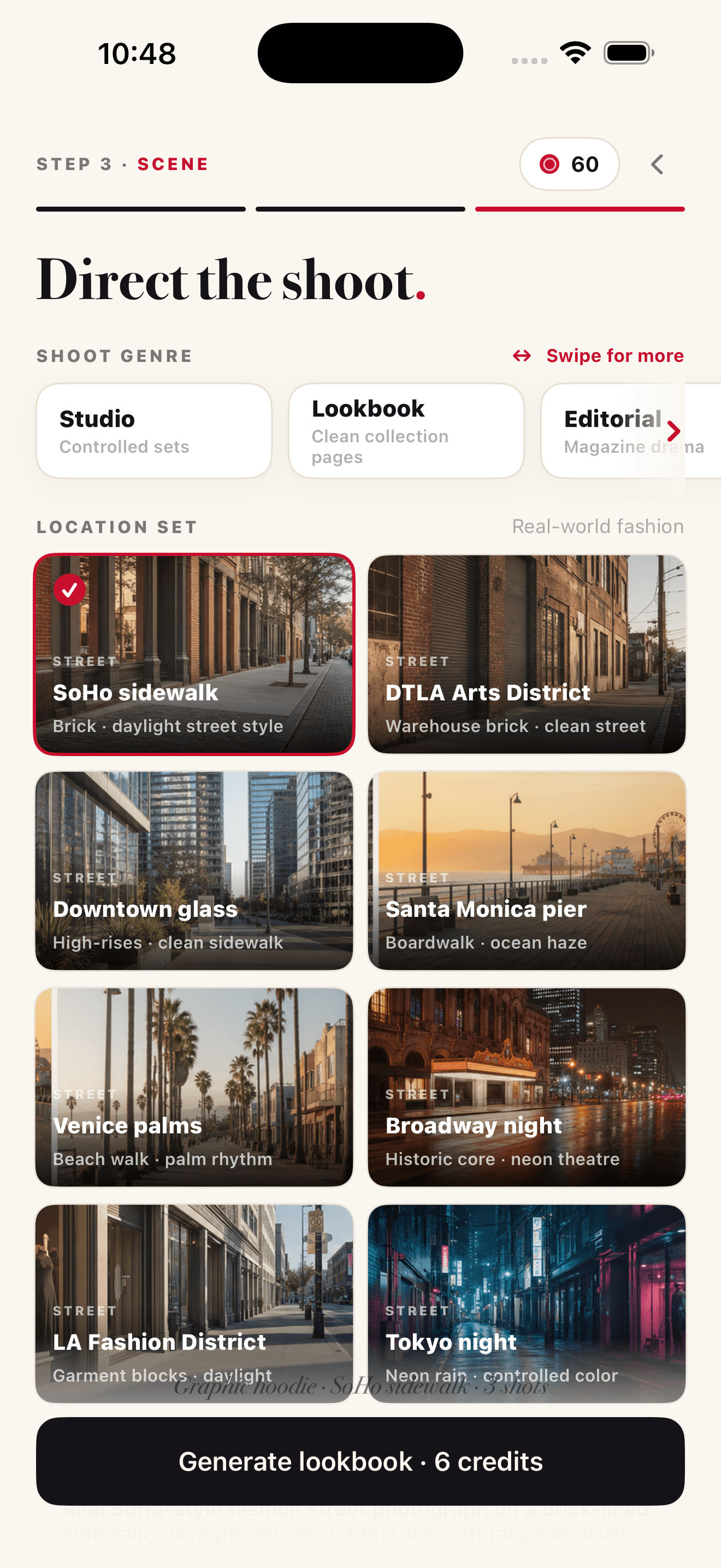 ONMODEL scene direction screen with studio, editorial, and street locations