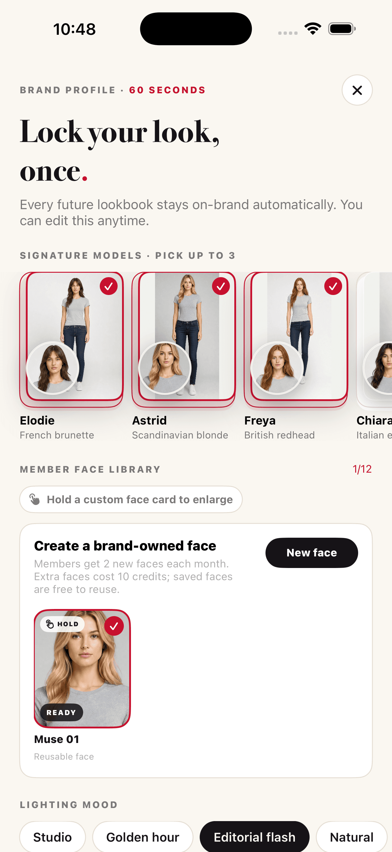 ONMODEL brand profile screen for model, lighting, and scene preferences