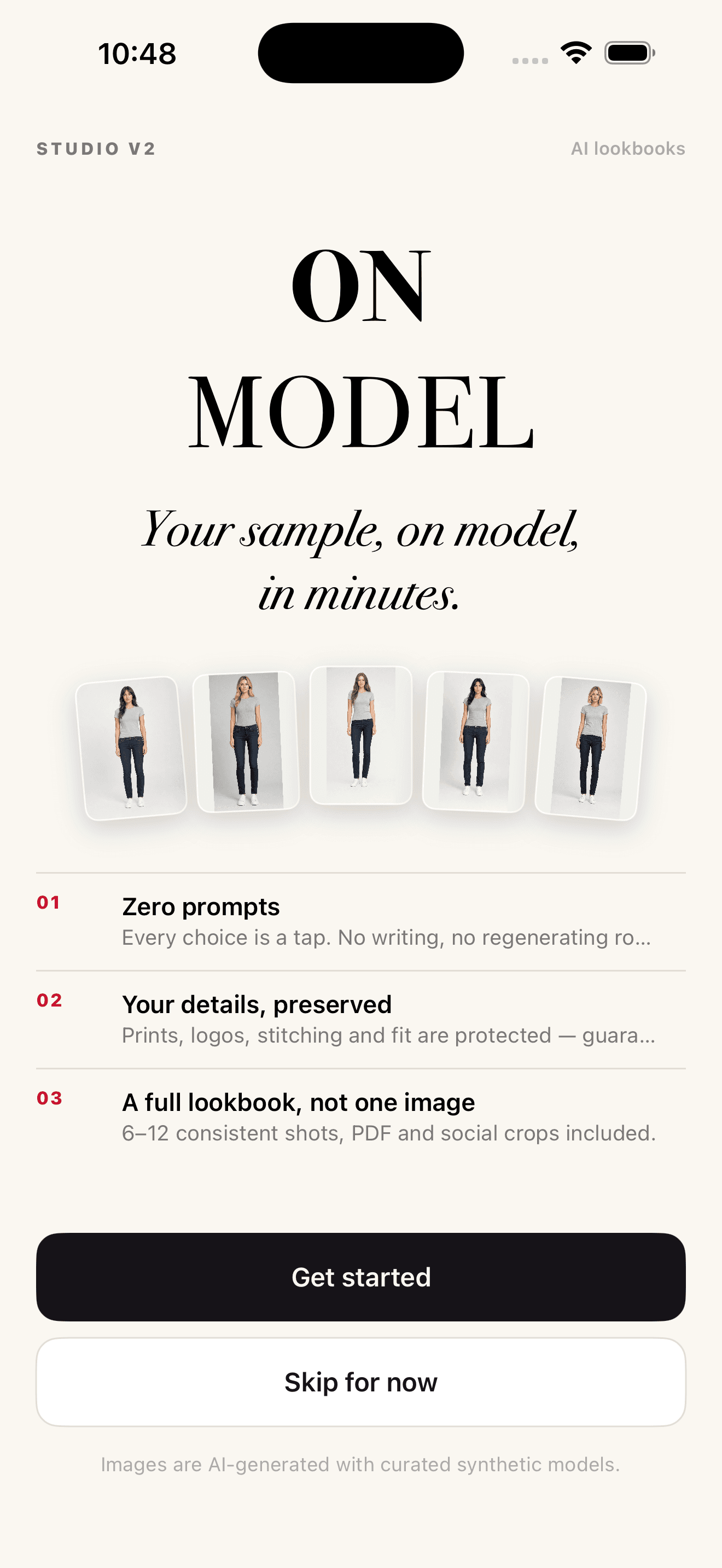ONMODEL welcome screen explaining the sample-to-shoot workflow