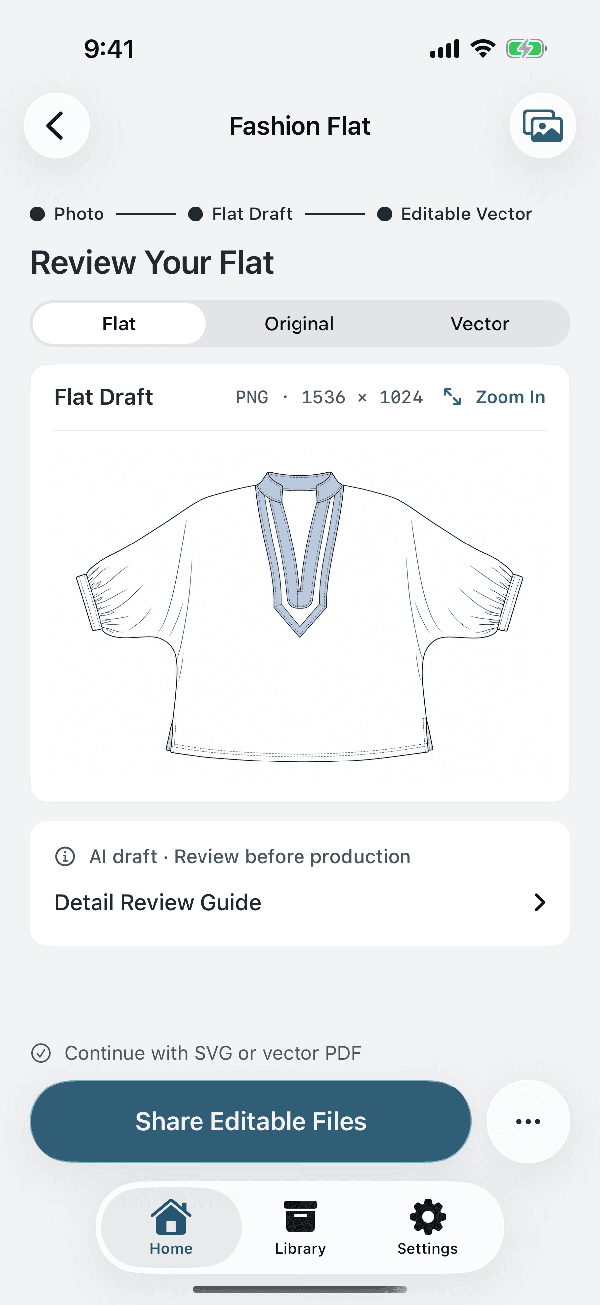 VibeWear iOS preview showing an AI blouse draft and editable file sharing