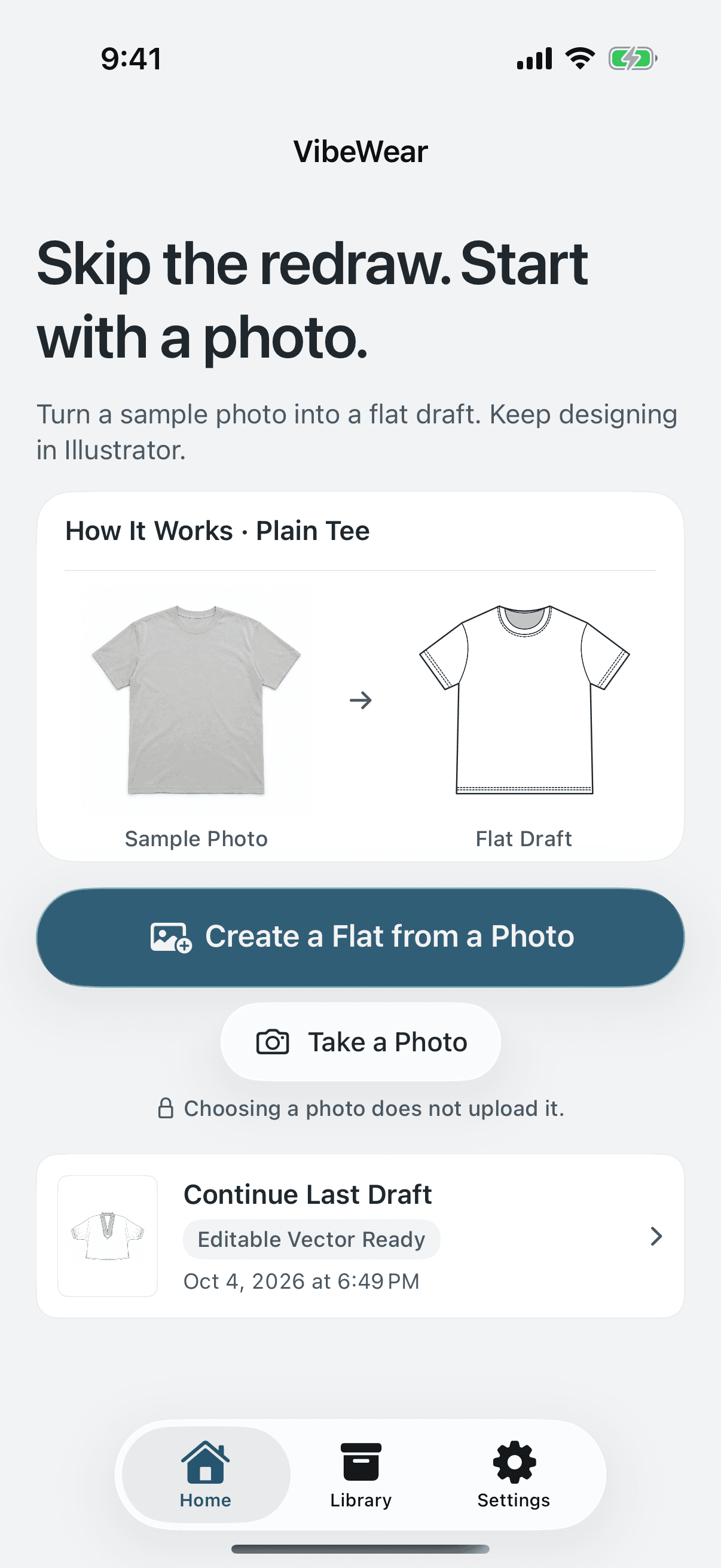 Actual VibeWear home screen introducing the garment photo to flat drawing workflow