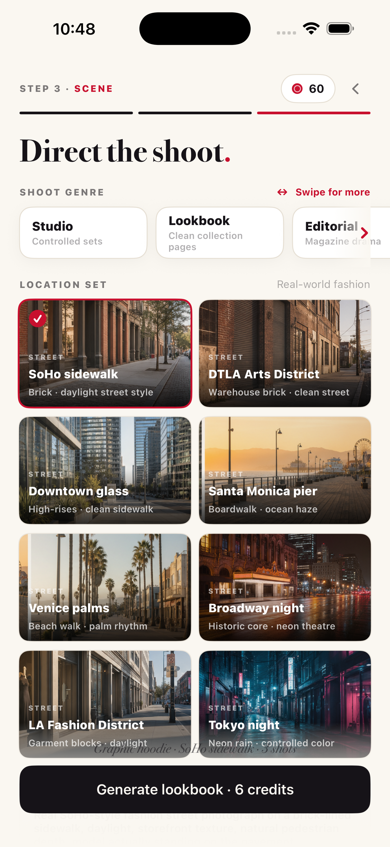 ONMODEL scene direction screen with studio, lookbook, editorial, and street locations