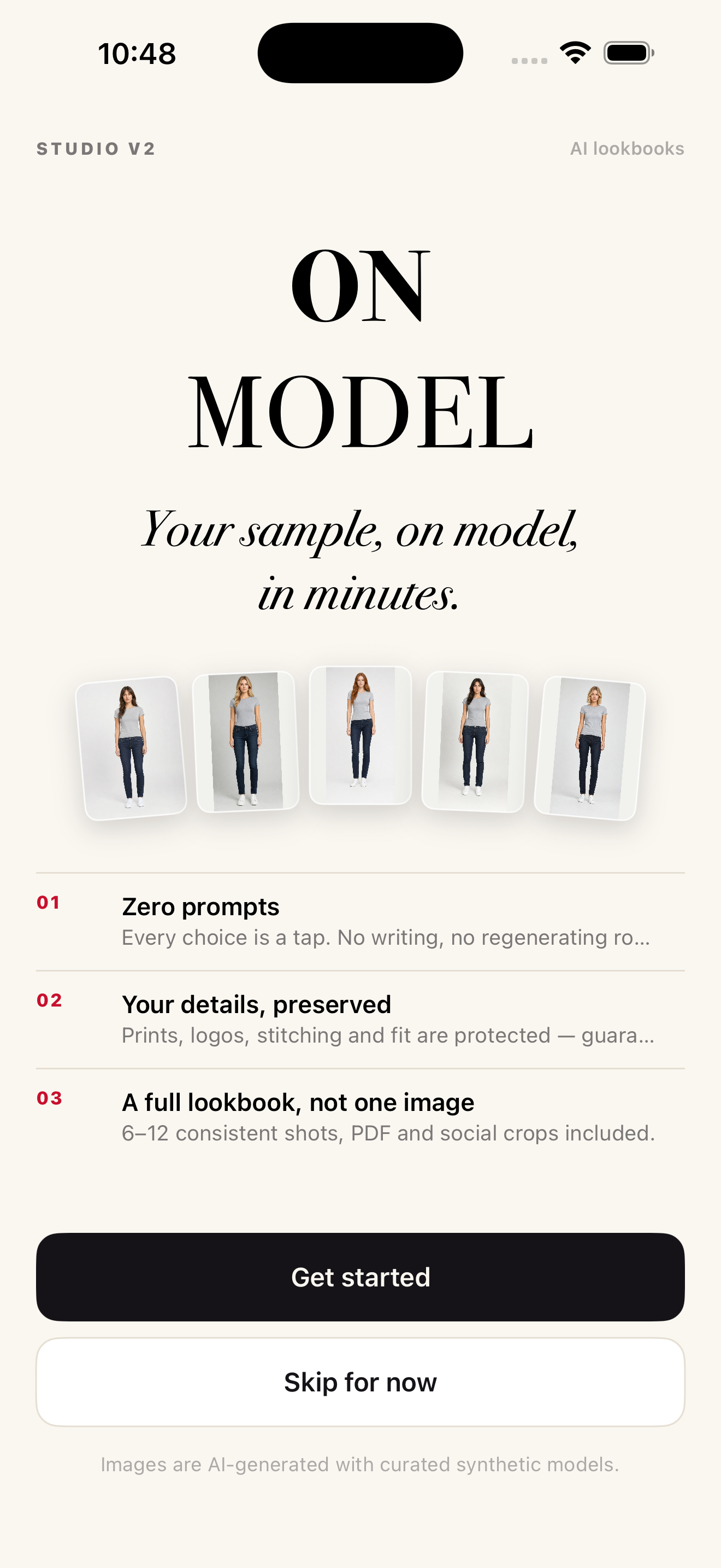 ONMODEL welcome screen explaining sample-to-shoot workflow