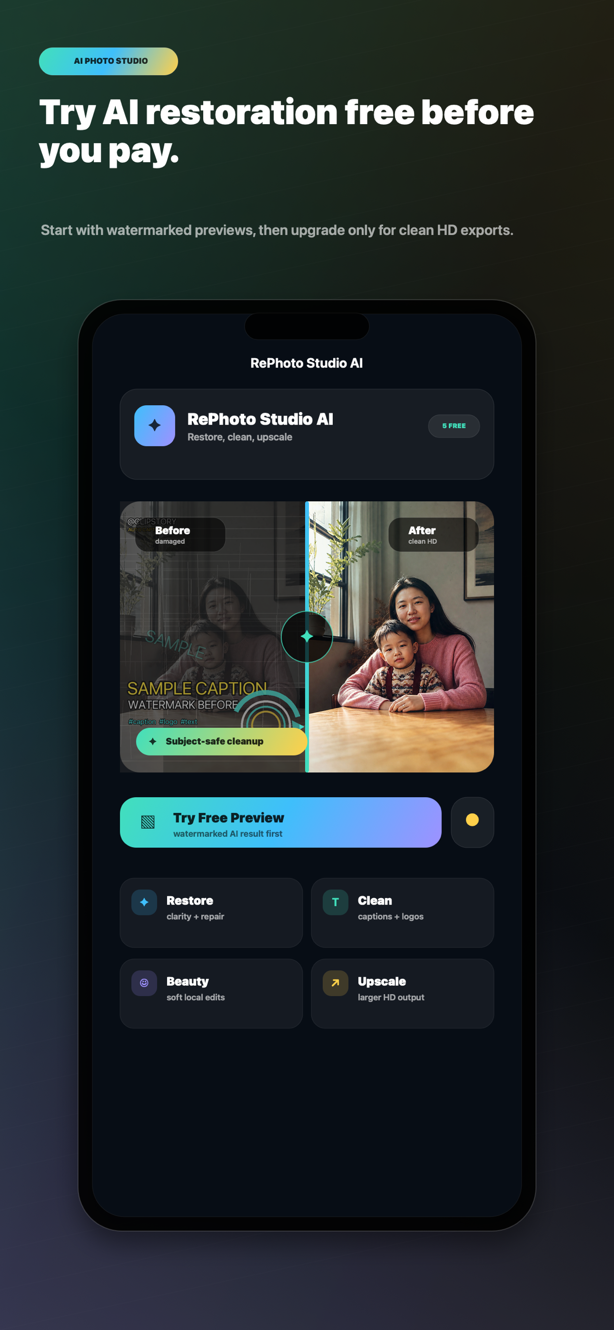 RePhoto Studio AI home screen with restoration actions