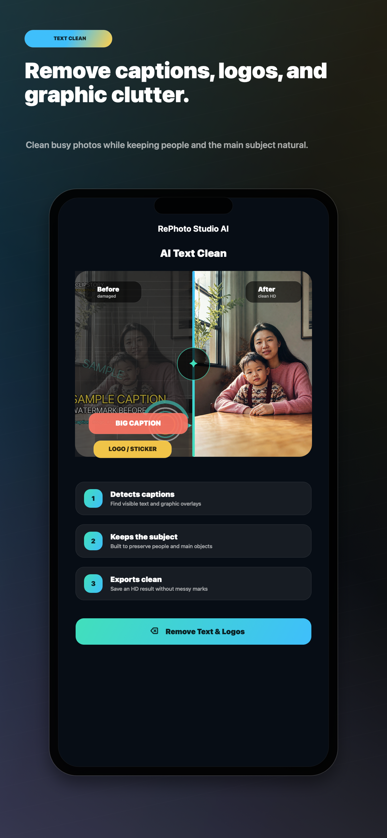 RePhoto Studio AI text and logo cleanup preview