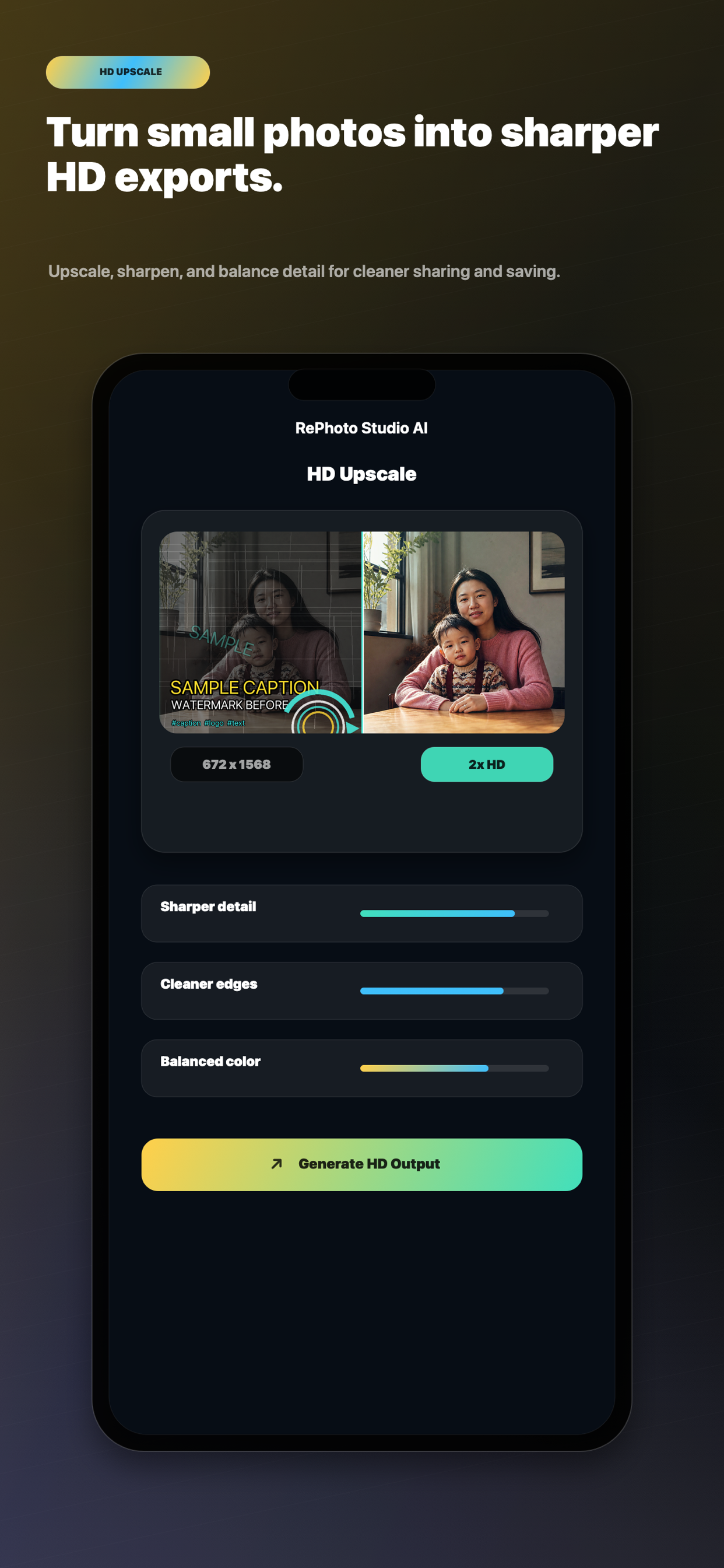 RePhoto Studio AI HD upscale flow