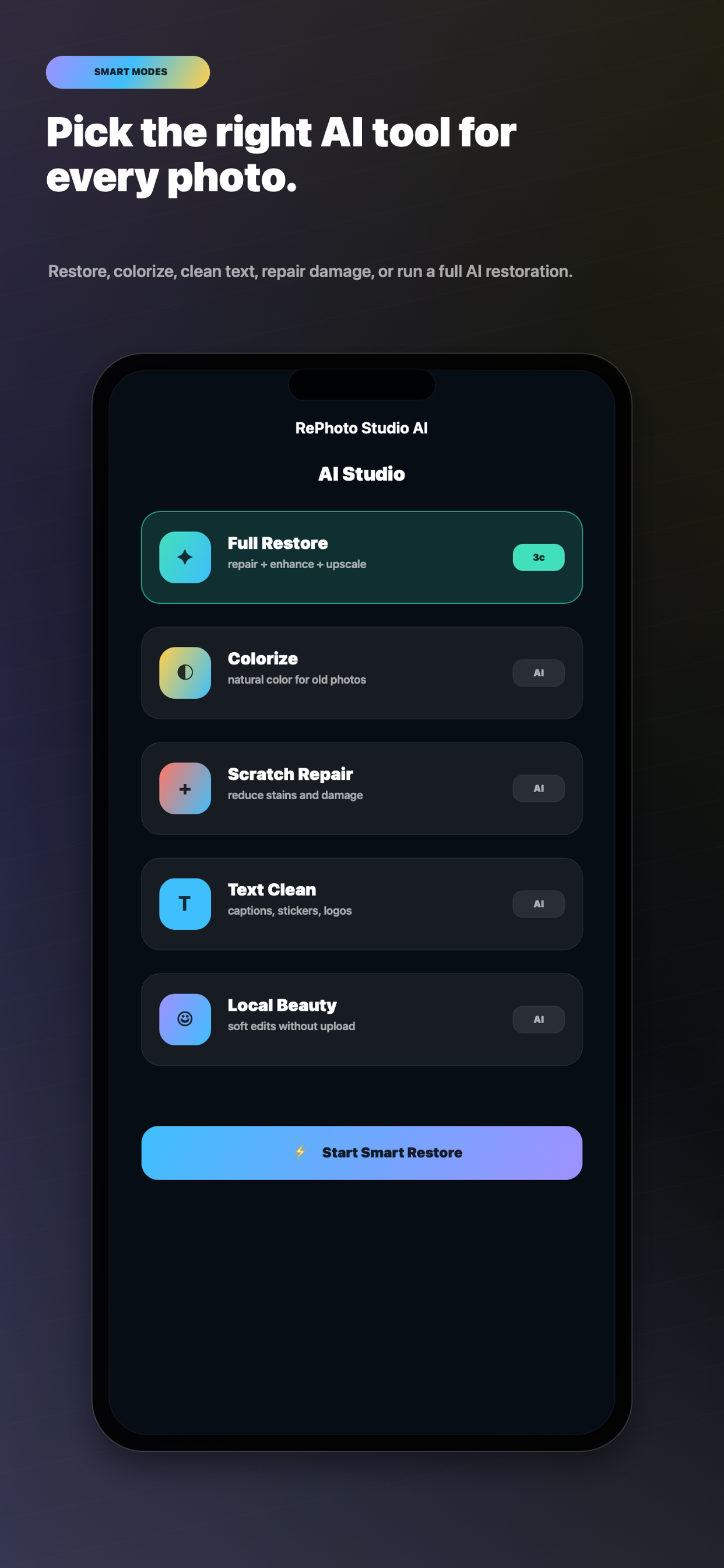 RePhoto Studio AI mode selection