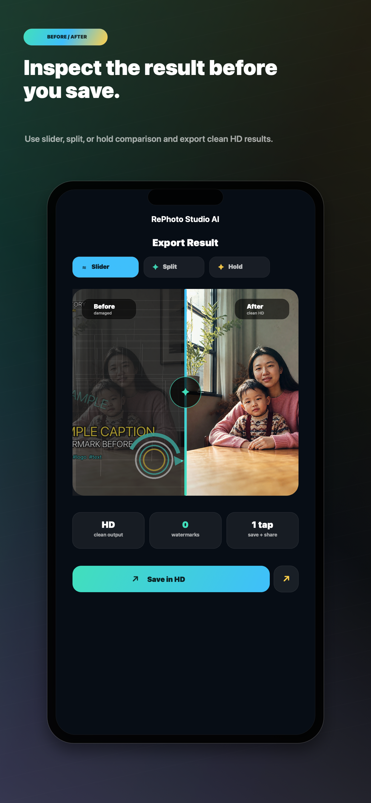 RePhoto Studio AI compare and export screen