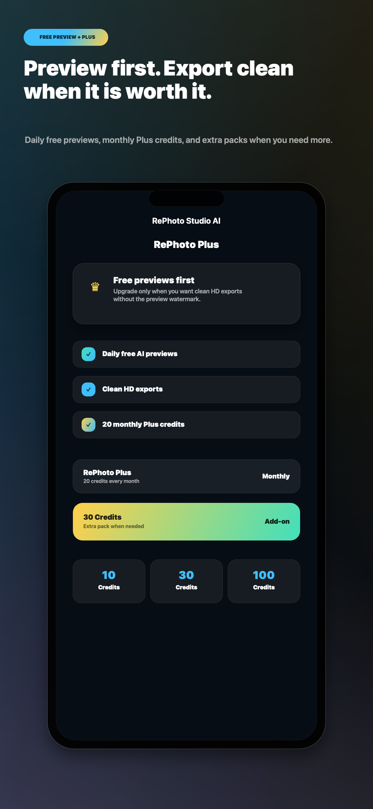 RePhoto Studio AI credits screen