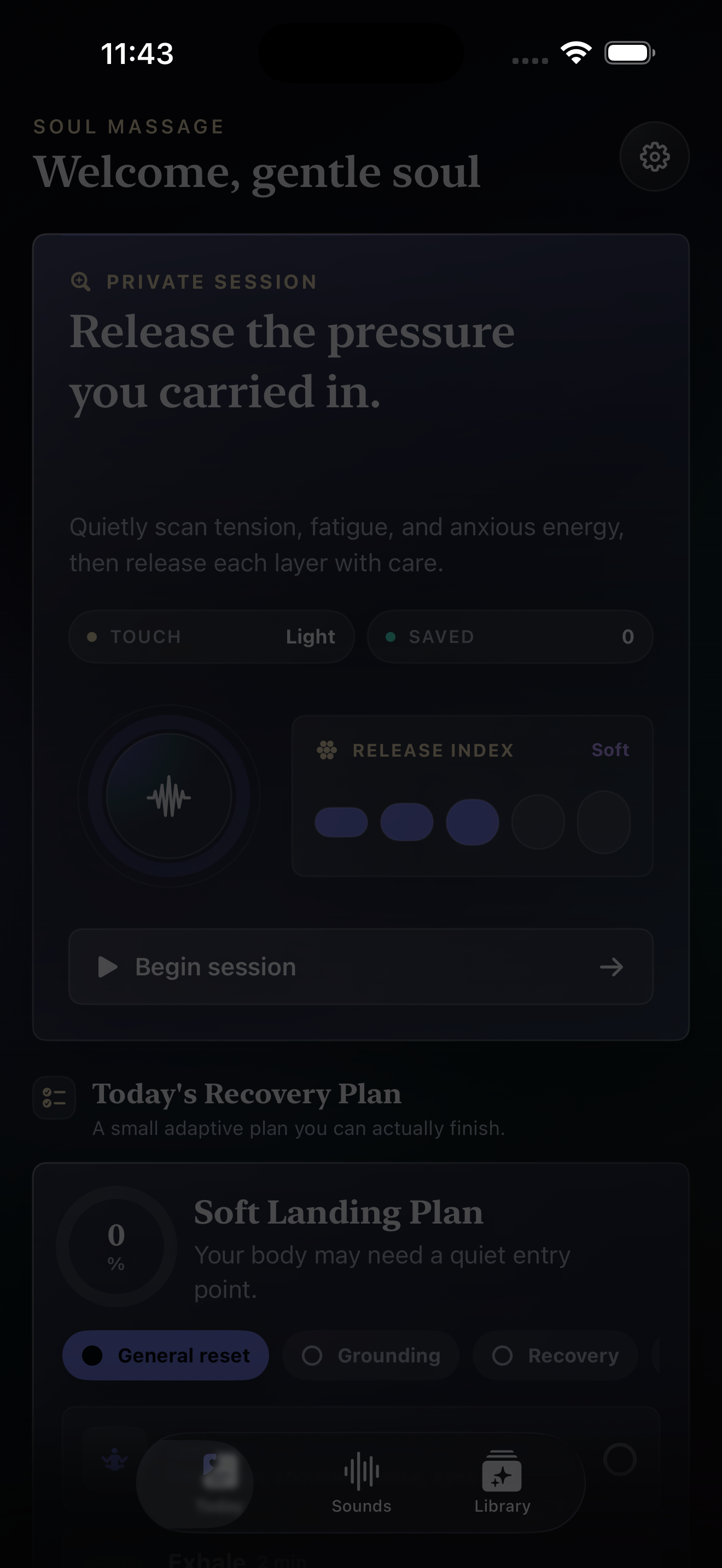 Soul Massage Today screen with private session card